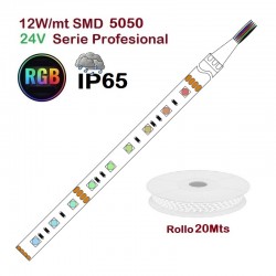 Tira LED Flexible 24V 12W/mt 60 Led/mt SMD 5050 IP65 RGB Serie Profesional, Rollo 20 mts